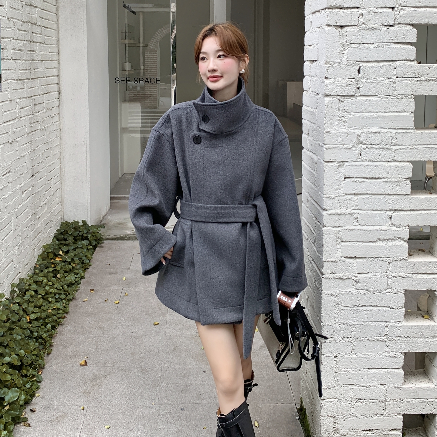 韩版显瘦立领呢子大衣女2025年秋冬季新款高级感气质夹棉毛呢外套,女装毛呢外套,2C168