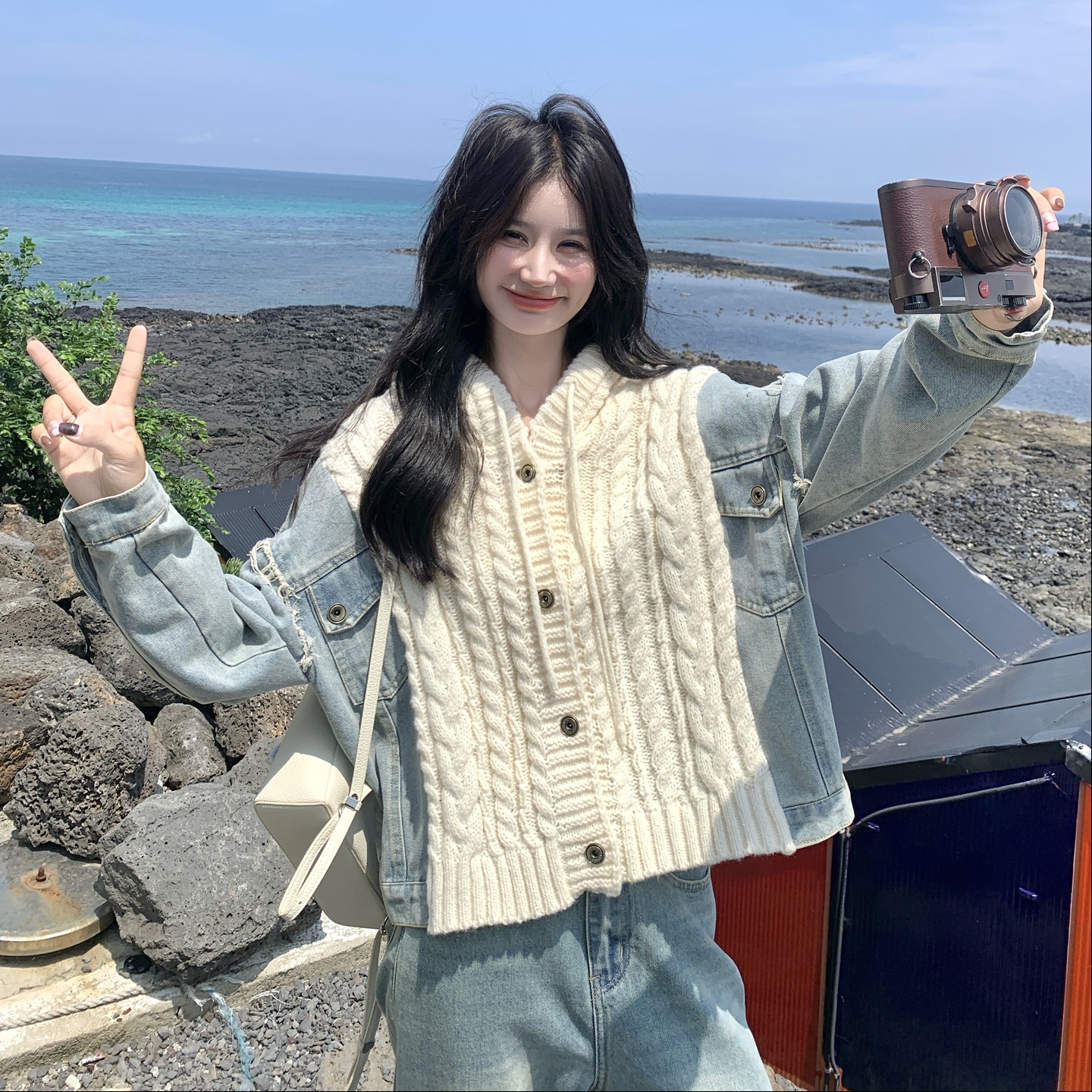 复古牛仔拼接针织连帽外套女春秋2025新款小个子学院风巨好看上衣,女装短外套,2C028