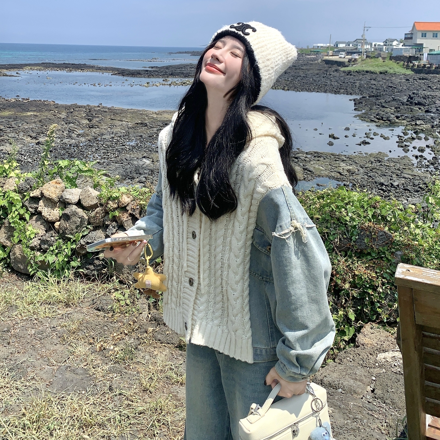复古牛仔拼接针织连帽外套女春秋2025新款小个子学院风巨好看上衣,女装短外套,2C028