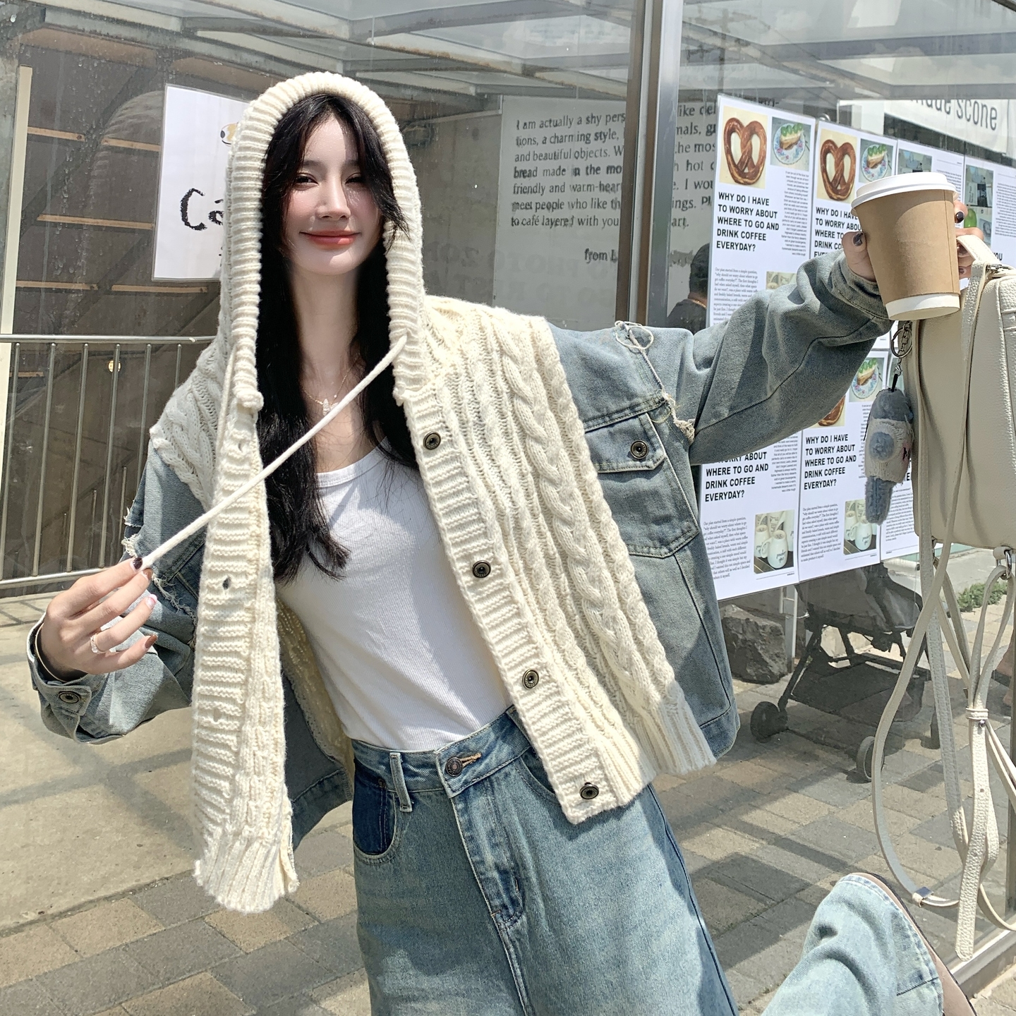 复古牛仔拼接针织连帽外套女春秋2025新款小个子学院风巨好看上衣,女装短外套,2C028