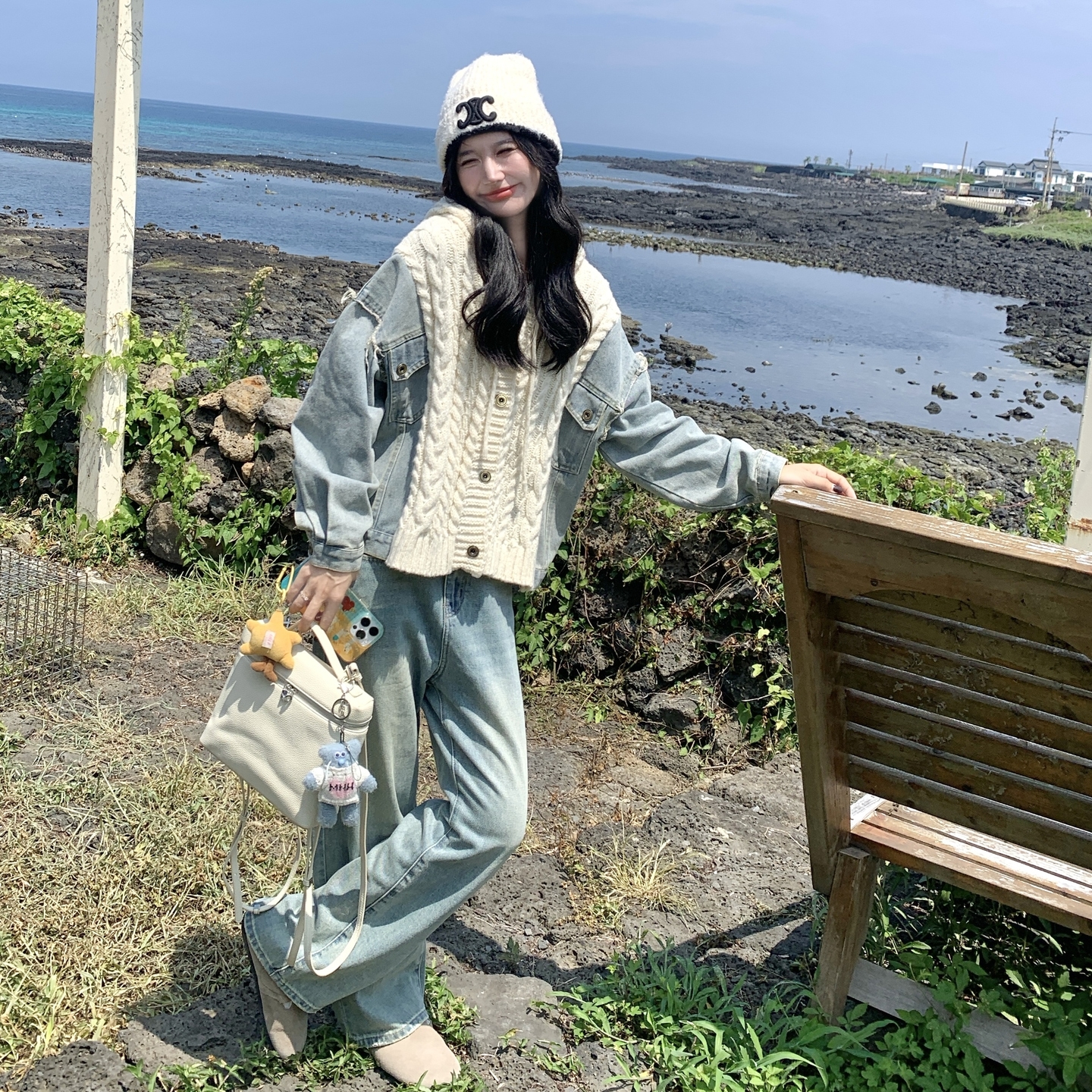 复古牛仔拼接针织连帽外套女春秋2025新款小个子学院风巨好看上衣,女装短外套,2C028