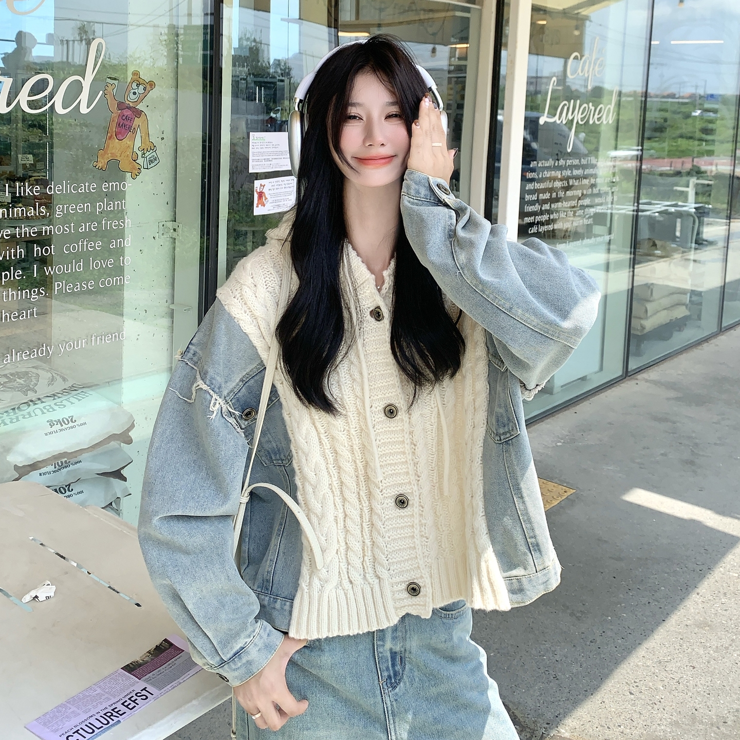 复古牛仔拼接针织连帽外套女春秋2025新款小个子学院风巨好看上衣,女装短外套,2C028