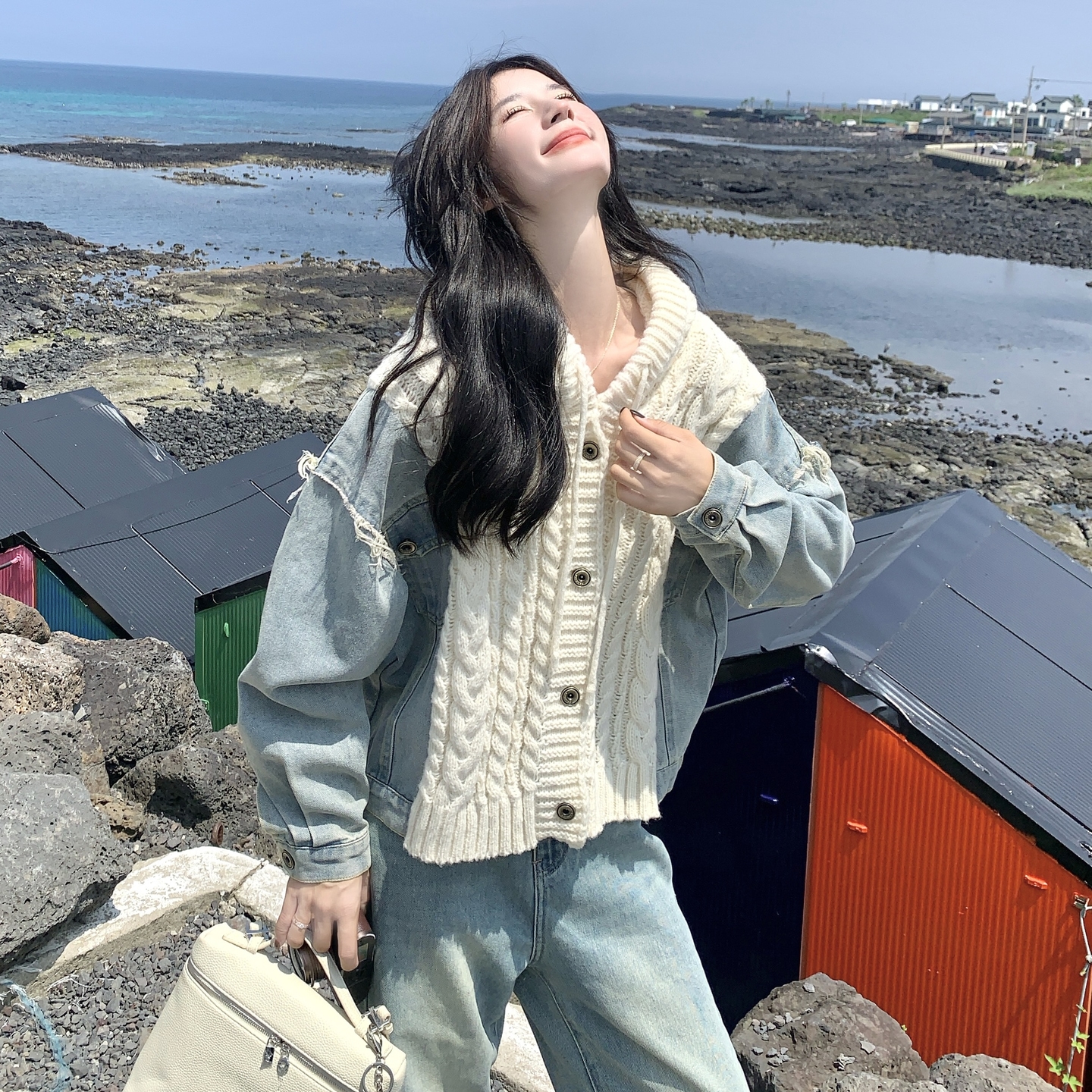 复古牛仔拼接针织连帽外套女春秋2025新款小个子学院风巨好看上衣,女装短外套,2C028