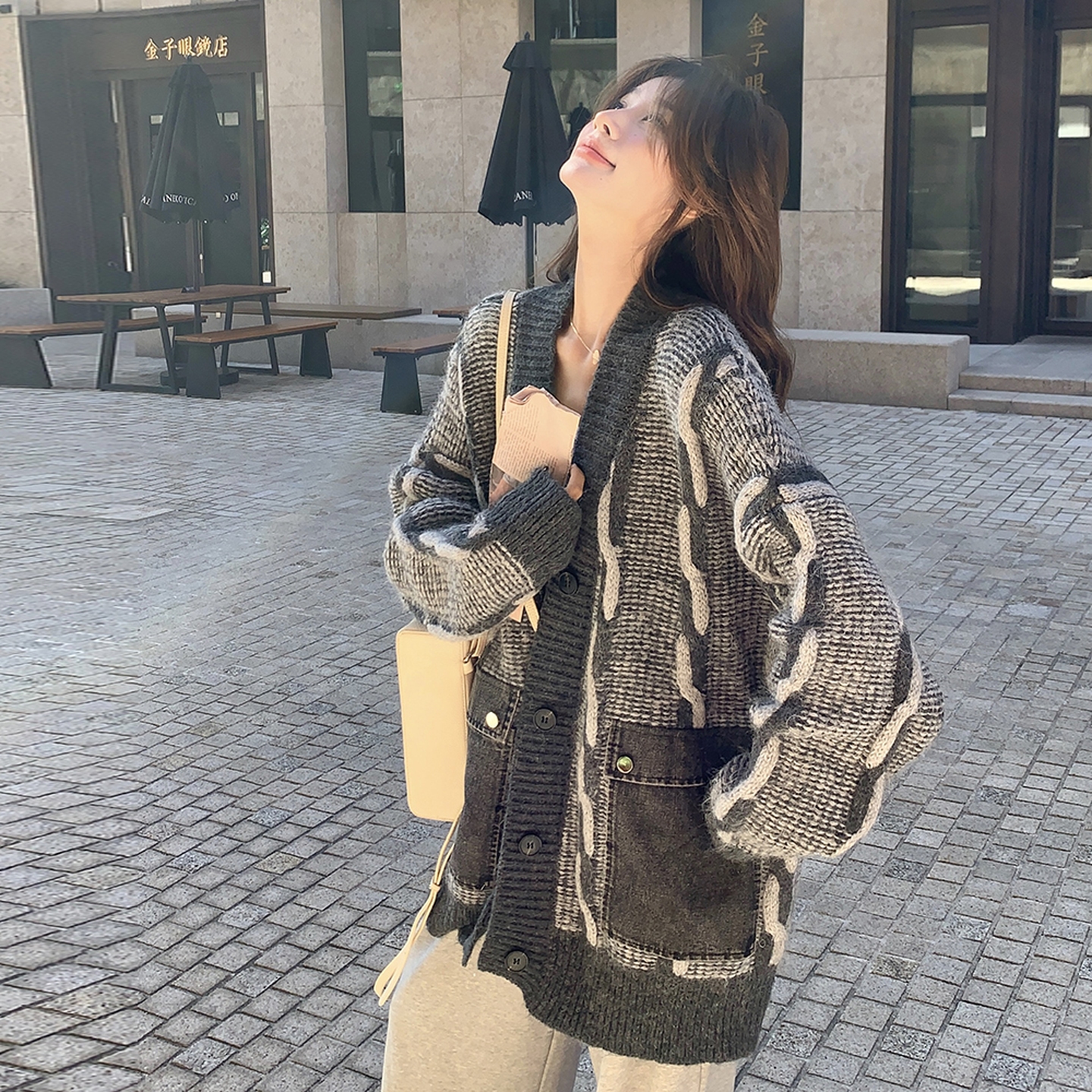 气质拼色针织毛衣外套女春秋小个子学院风流行爆款高级感超火上衣,针织衫/毛衣,2C028