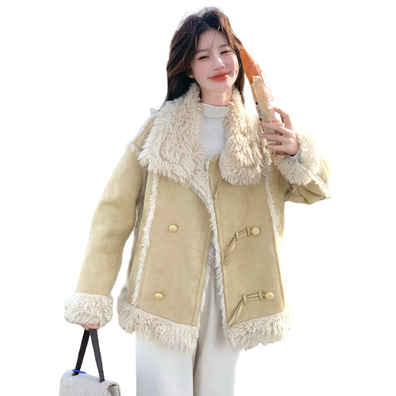 皮衣一体羊羔毛黄色外套女冬季2025新款小个子加厚棉服爆款高级感图片