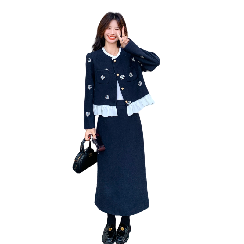 法式小香风刺绣花外套装裙女2026秋新款小个子高级感半身裙两件套图片