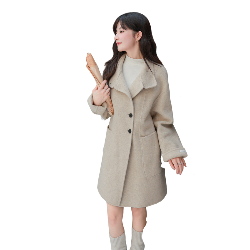 2025新款双面羊毛大衣女秋冬季中长款小个子短款韩系羊绒毛呢外套图片