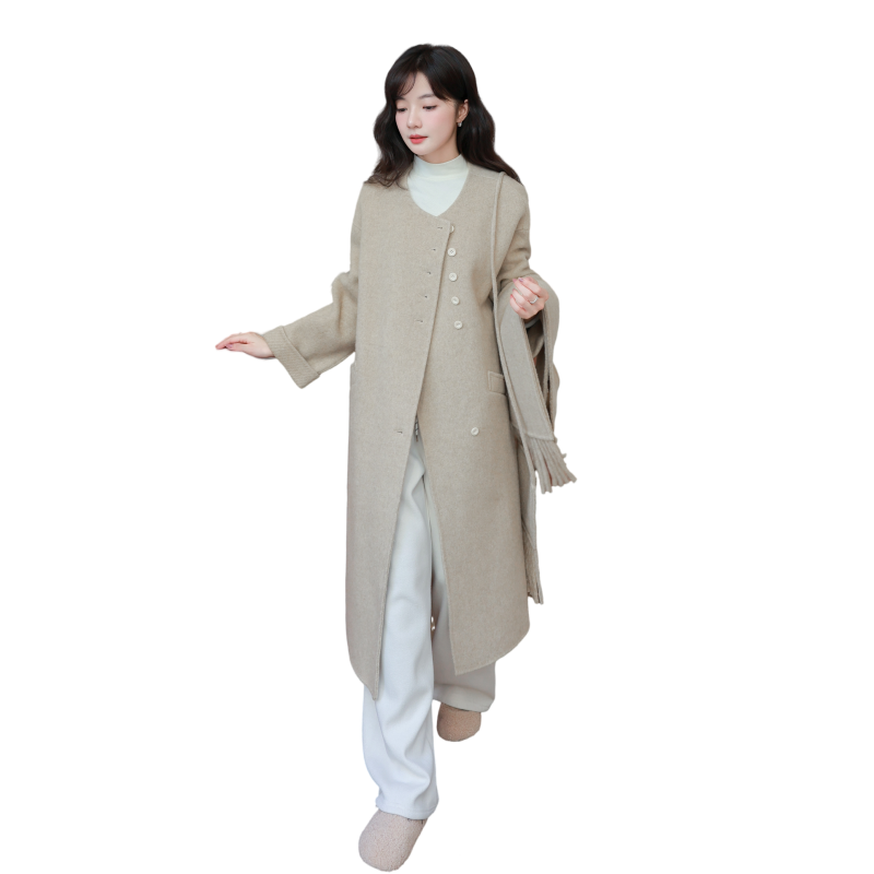 燕麦色围巾双面羊绒大衣女2025冬新款韩系温柔风气质百搭毛呢外套图片