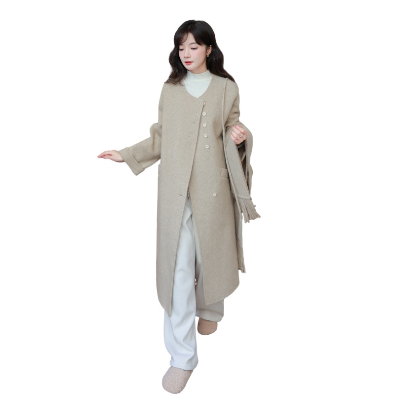 燕麦色围巾双面羊绒大衣女2025冬新款韩系温柔风气质百搭毛呢外套图片