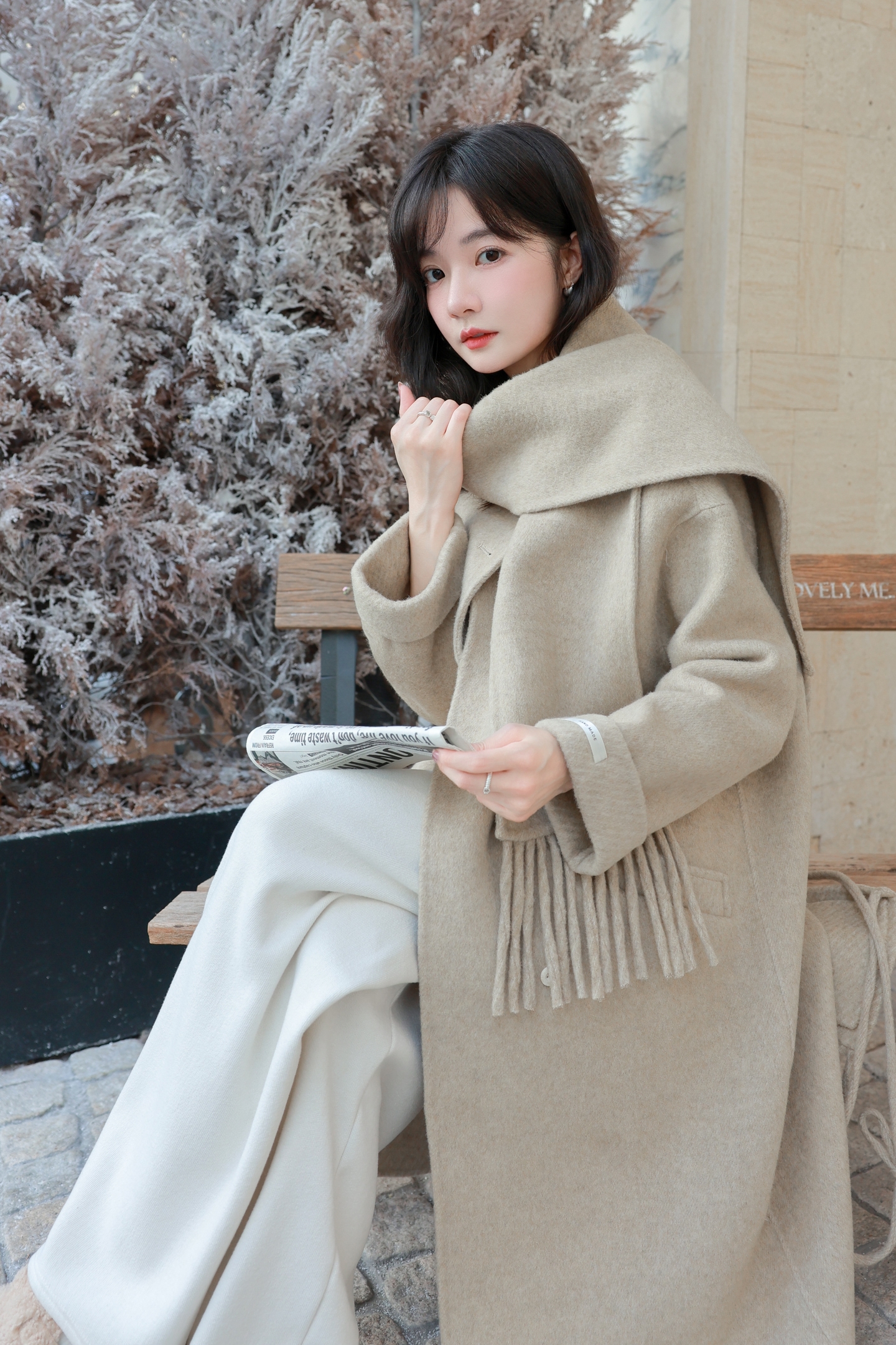 燕麦色围巾双面羊绒大衣女2025冬新款韩系温柔风气质百搭毛呢外套图片