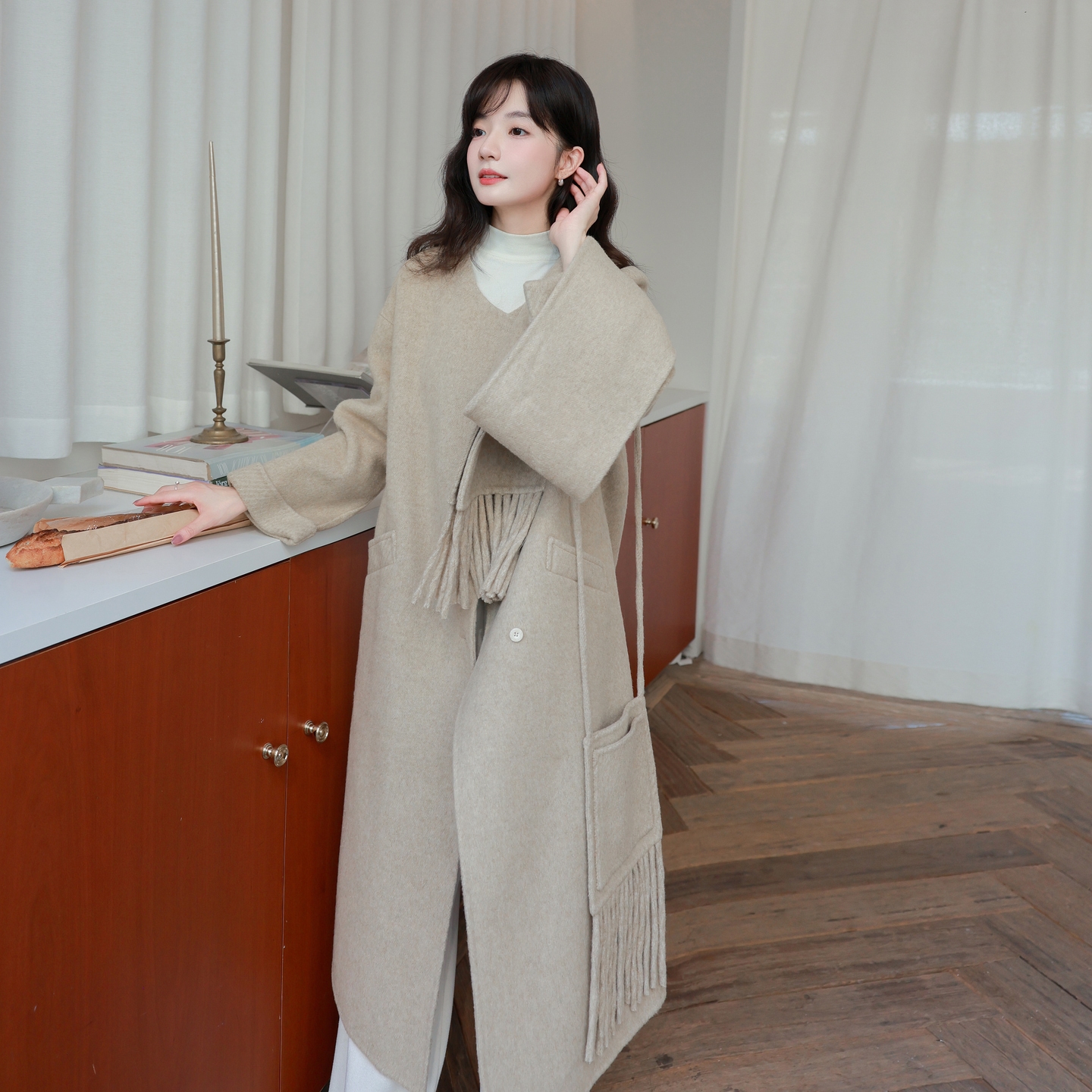 燕麦色围巾双面羊绒大衣女2025冬新款韩系温柔风气质百搭毛呢外套图片