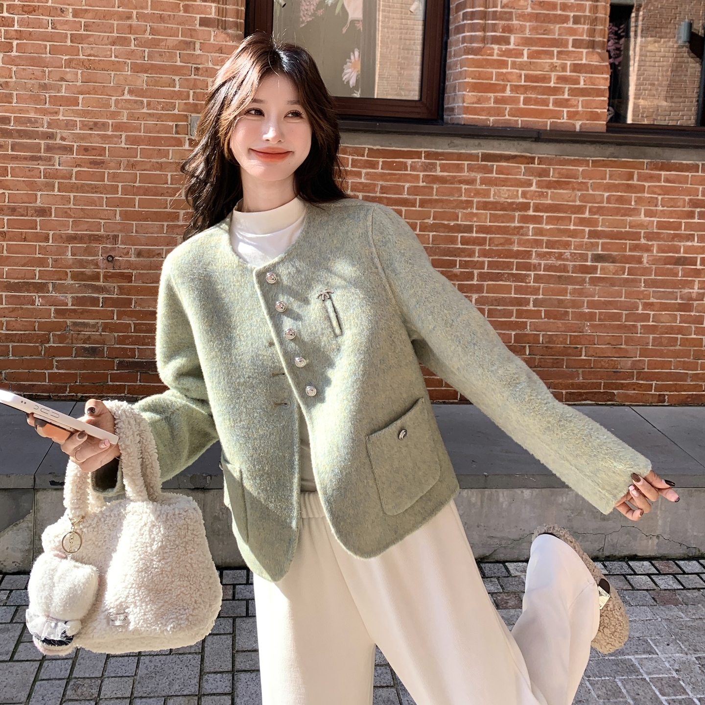 绿色双面羊绒大衣毛呢子外套女2025冬季短款小个子小清新甜美上衣,女装毛呢外套,2C273