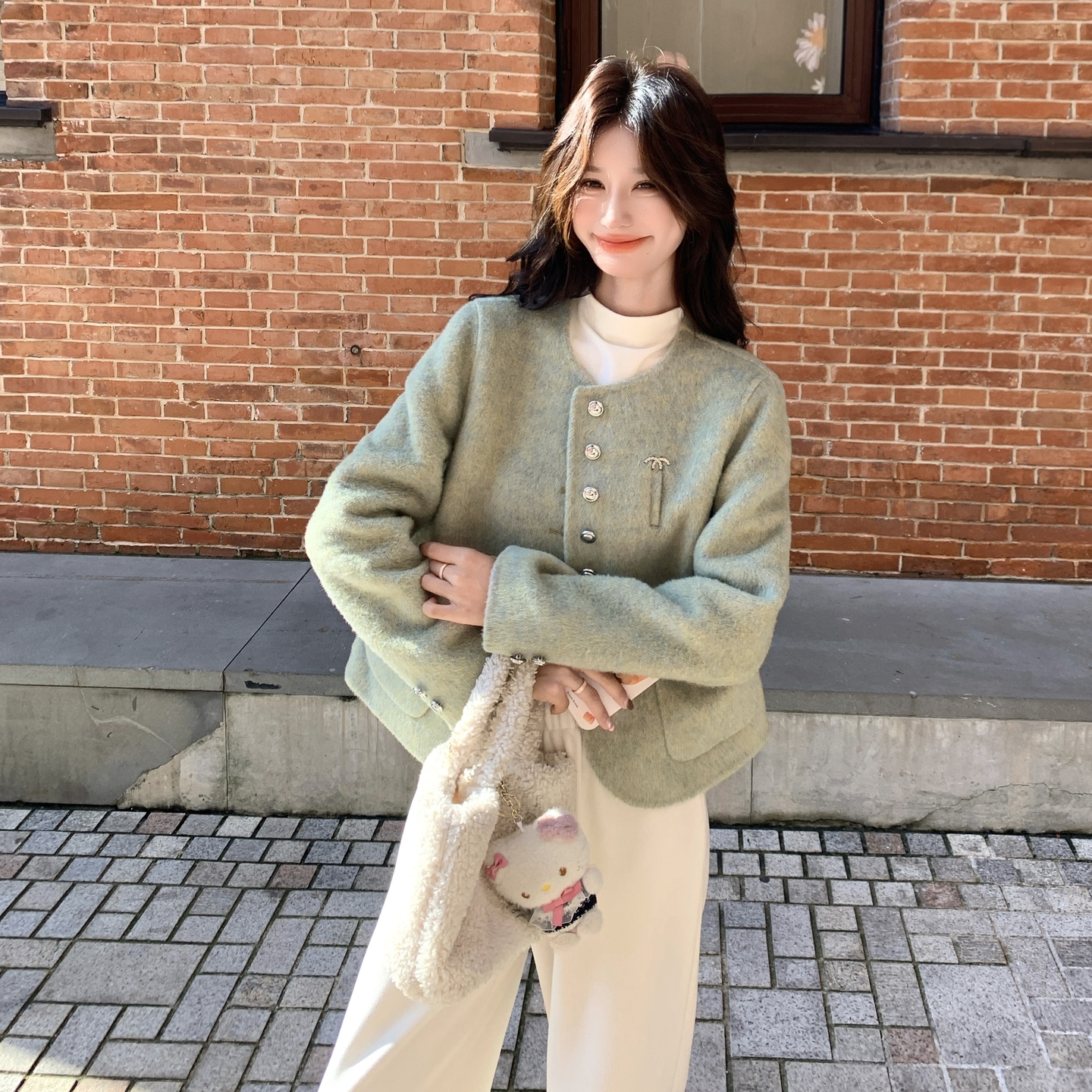 绿色双面羊绒大衣毛呢子外套女2025冬季短款小个子小清新甜美上衣,女装毛呢外套,2C273