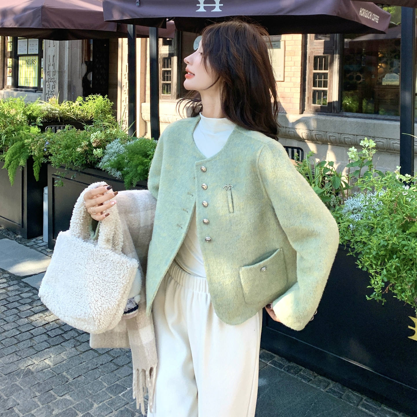 绿色双面羊绒大衣毛呢子外套女2025冬季短款小个子小清新甜美上衣,女装毛呢外套,2C273