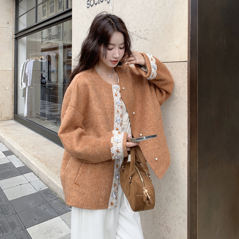 日系蕾丝边短款双面羊绒大衣外套女2025秋季气质高级感呢子上衣潮,女装毛呢外套,2C273
