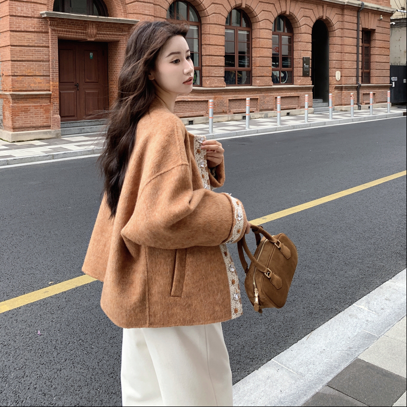 日系蕾丝边短款双面羊绒大衣外套女2025秋季气质高级感呢子上衣潮,女装毛呢外套,2C273