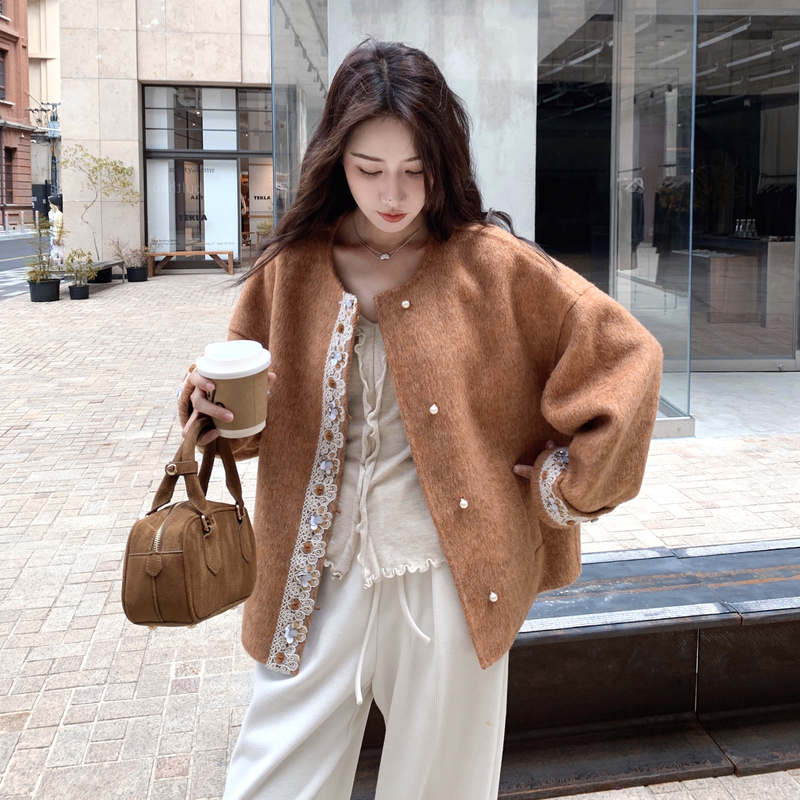 日系蕾丝边短款双面羊绒大衣外套女2025秋季气质高级感呢子上衣潮,女装毛呢外套,2C273