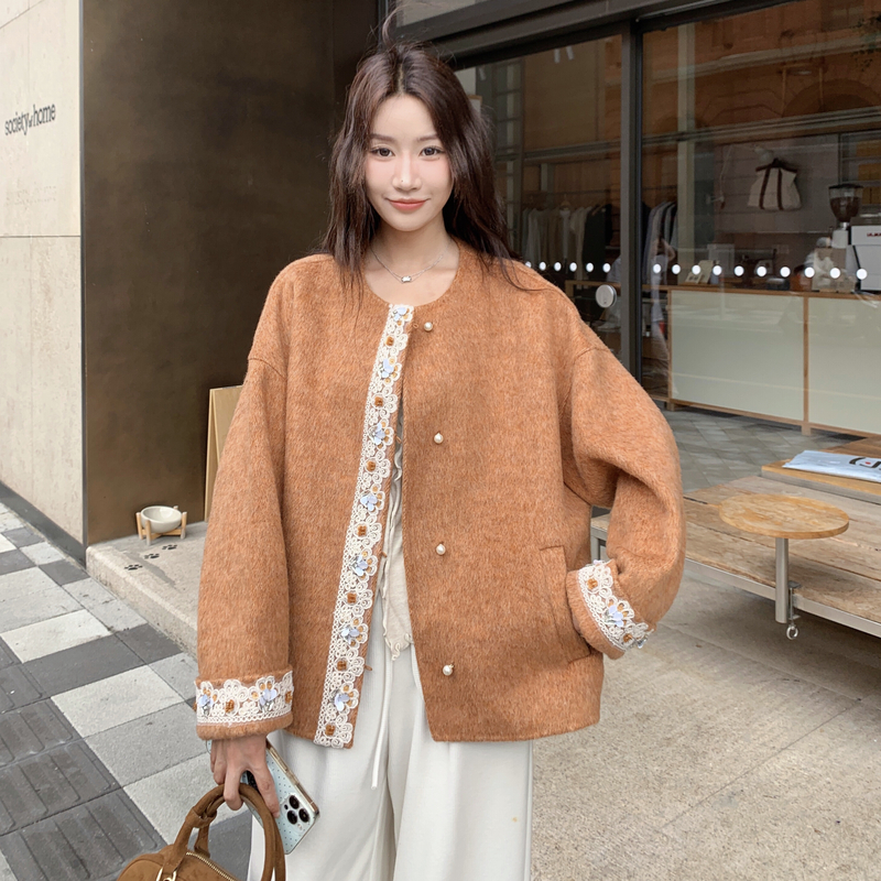 日系蕾丝边短款双面羊绒大衣外套女2025秋季气质高级感呢子上衣潮,女装毛呢外套,2C273