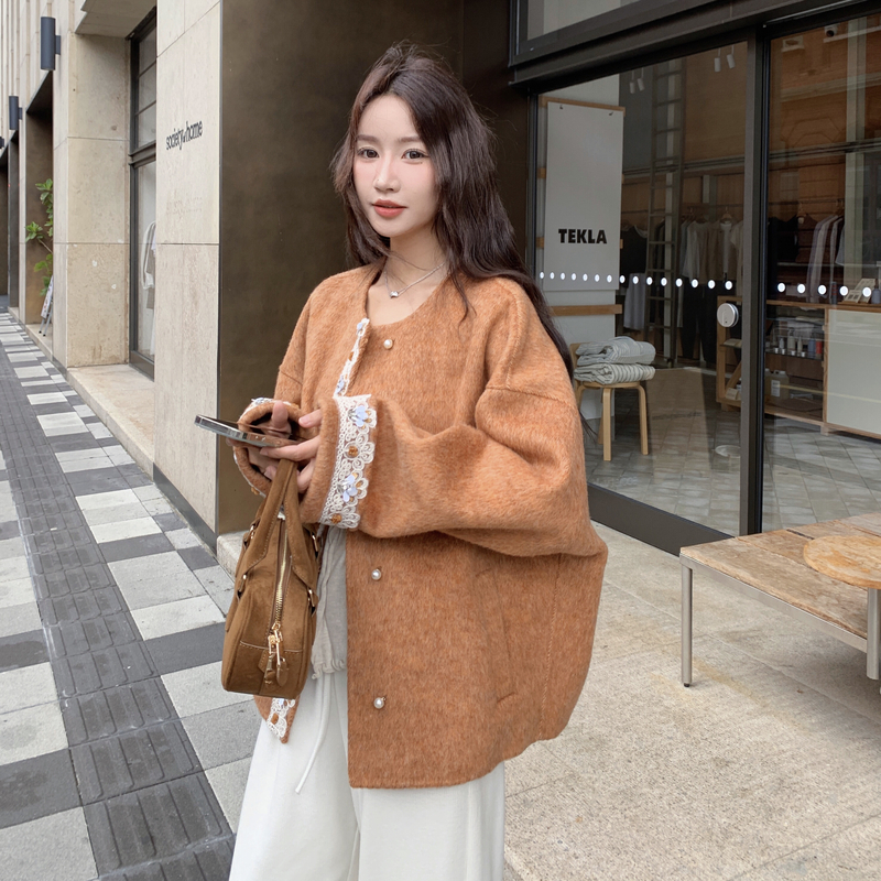 日系蕾丝边短款双面羊绒大衣外套女2025秋季气质高级感呢子上衣潮,女装毛呢外套,2C273