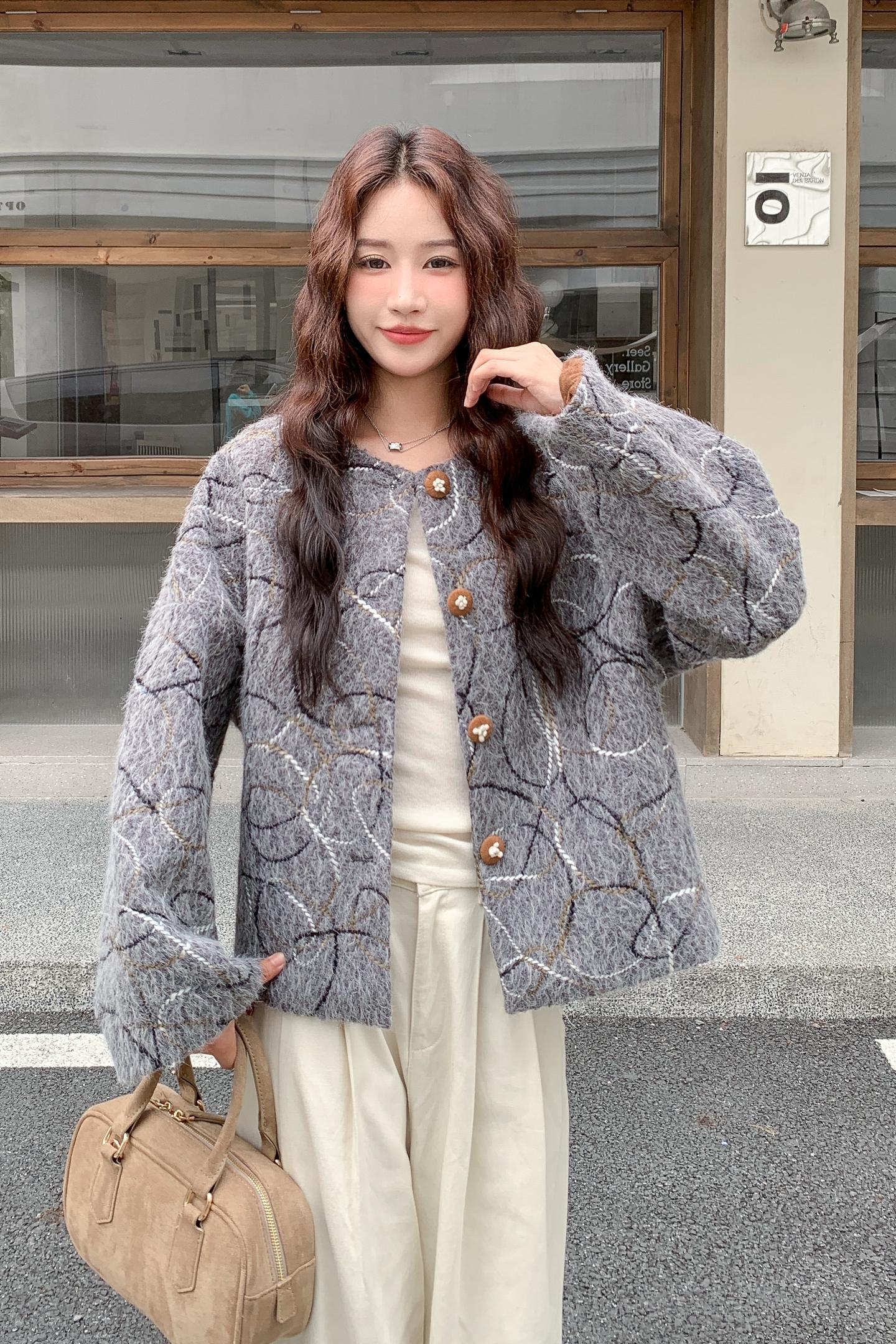 时尚日系优雅慵懒风圆领长袖毛呢外套2025冬季宽松少女感毛呢外套图片
