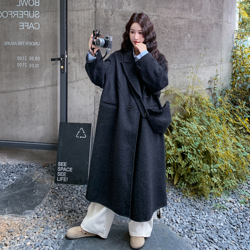 炭黑色双面羊绒大衣女2025秋冬新款中长款高级感羊毛呢子韩系外套,女装毛呢外套,2C273