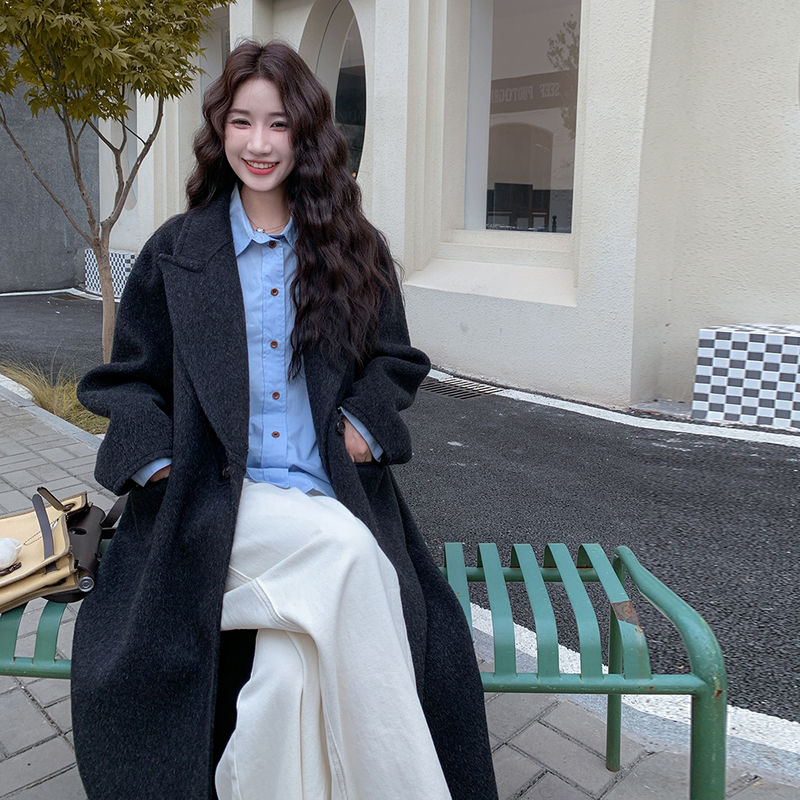 炭黑色双面羊绒大衣女2025秋冬新款中长款高级感羊毛呢子韩系外套,女装毛呢外套,2C273