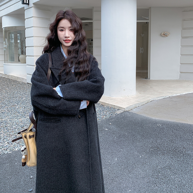 炭黑色双面羊绒大衣女2025秋冬新款中长款高级感羊毛呢子韩系外套,女装毛呢外套,2C273