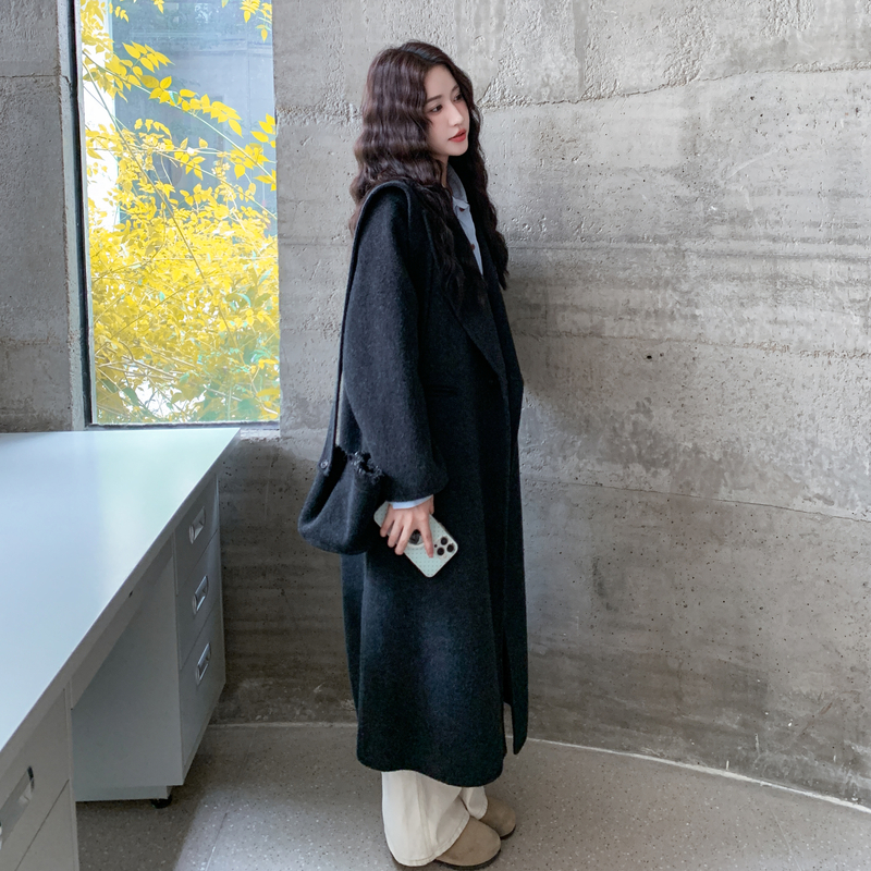 炭黑色双面羊绒大衣女2025秋冬新款中长款高级感羊毛呢子韩系外套,女装毛呢外套,2C273