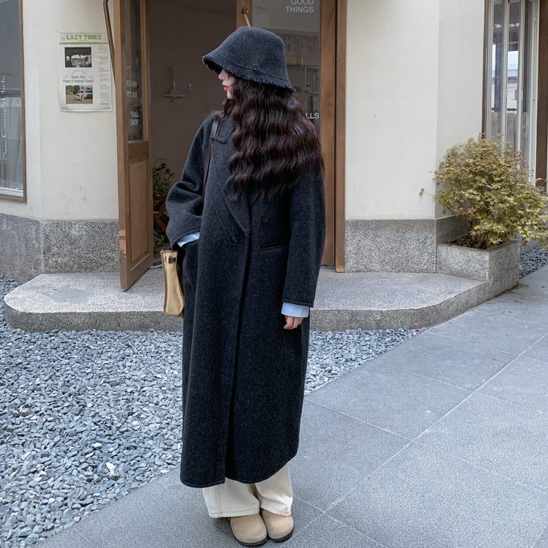炭黑色双面羊绒大衣女2025秋冬新款中长款高级感羊毛呢子韩系外套,女装毛呢外套,2C273