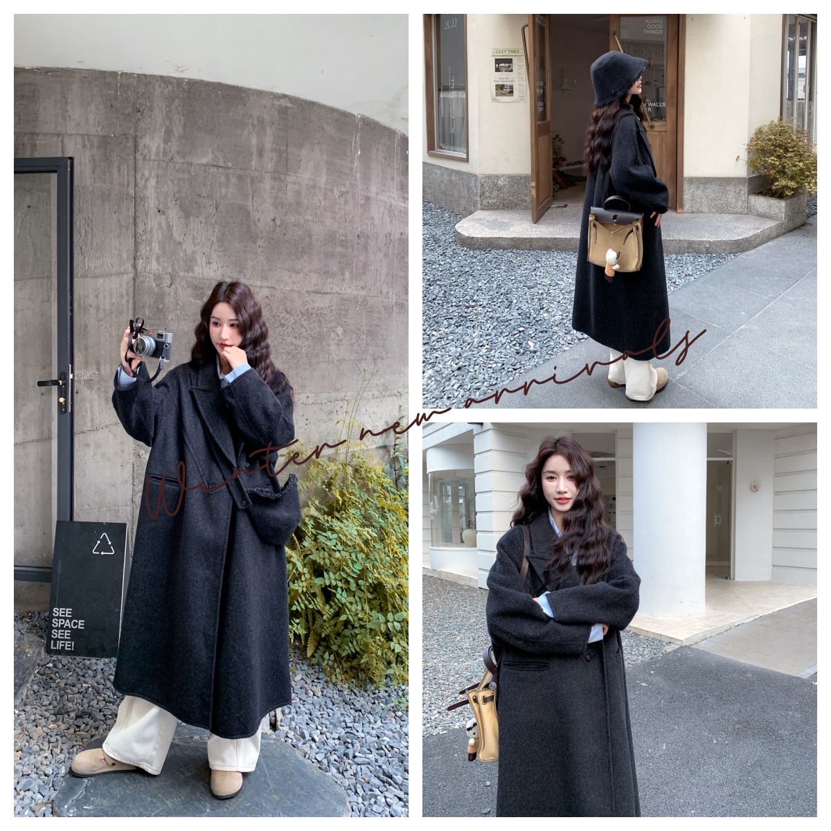 炭黑色双面羊绒大衣女2025秋冬新款中长款高级感羊毛呢子韩系外套,女装毛呢外套,2C273