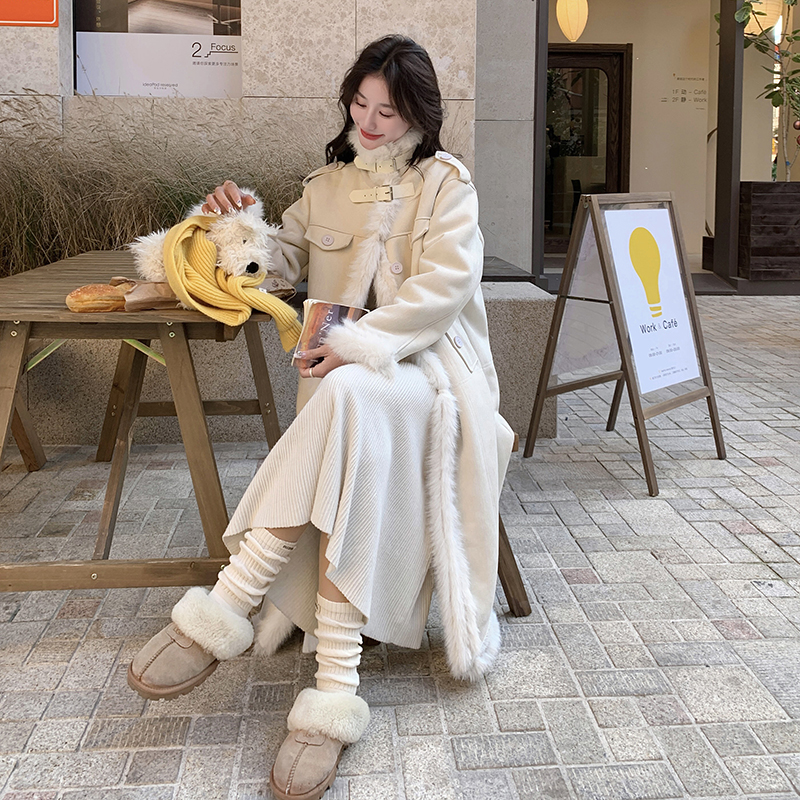 皮毛一体羊羔毛毛呢外套女中长款棉服长款 2C133-963-P235-K338图片