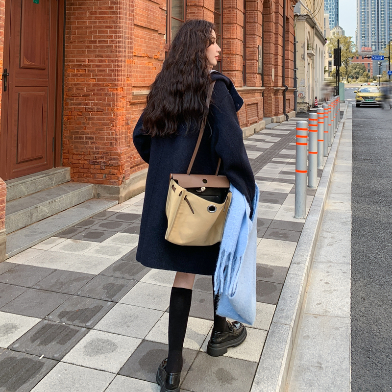 藏蓝色中长款拼色双面呢外套女秋冬超火好看高级小众加厚呢子大衣,女装羊绒大衣,2B188