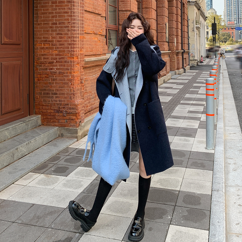 藏蓝色中长款拼色双面呢外套女秋冬超火好看高级小众加厚呢子大衣,女装羊绒大衣,2B188