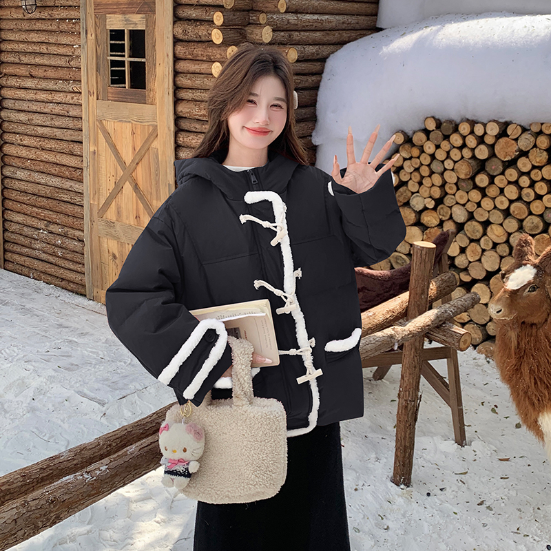 红色牛角扣羽绒服女2025冬季新款小个子加厚保暖白鸭绒面包服外套图片