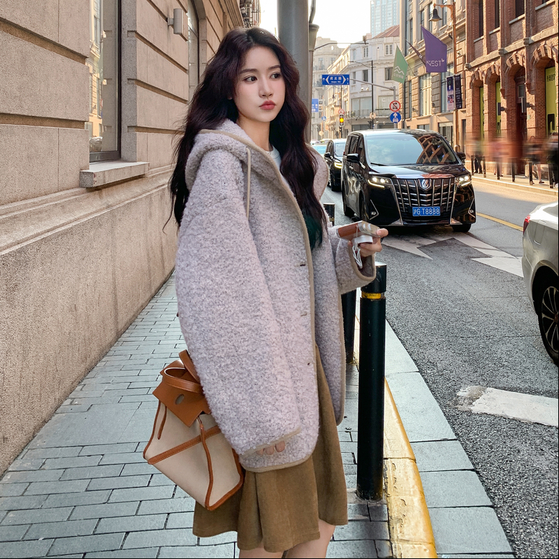 甜美甜妹皮毛一体连帽外套女2025冬季新款日系宽松百搭慵懒风外套,女装棉衣/棉服,2B188