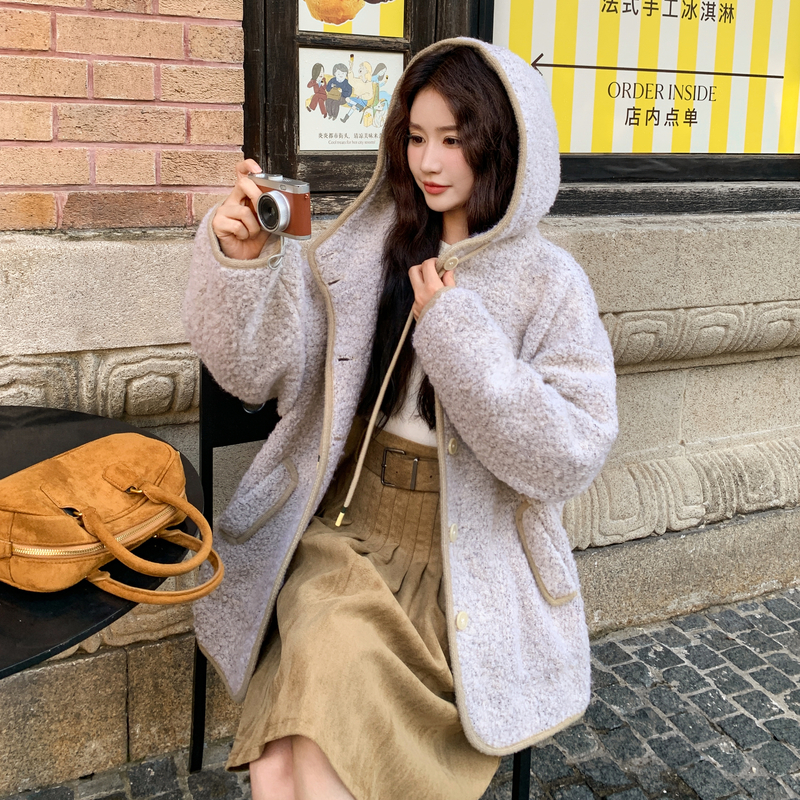 甜美甜妹皮毛一体连帽外套女2025冬季新款日系宽松百搭慵懒风外套,女装棉衣/棉服,2B188