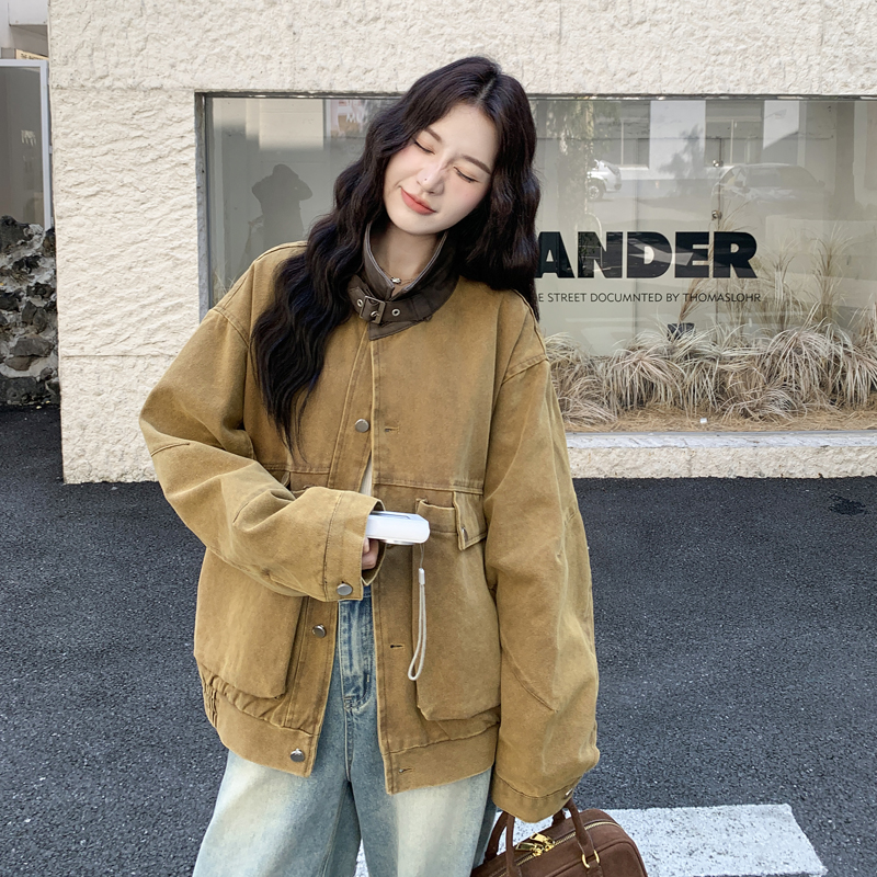 pu皮拼接工装短外套女秋冬2025新款美式复古巨好看流行超火上衣,女装短外套,2C278