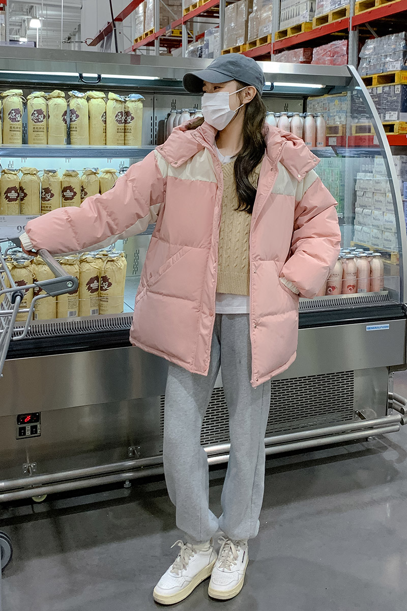 粉色羽绒服女小个子2023冬季新款休闲宽松撞色白鸭绒保暖加厚外套,女装羽绒服,2C293