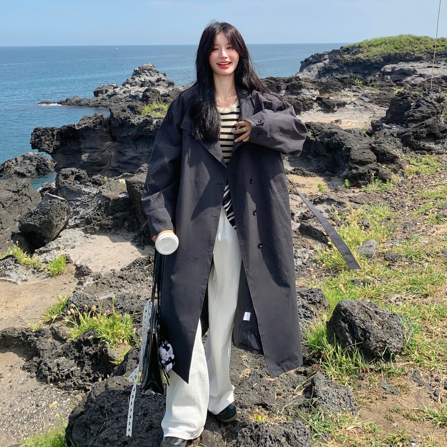 条纹披肩深灰色长款风衣外套女春秋2025新款巨好看英伦风超火大衣,女装风衣,2C307