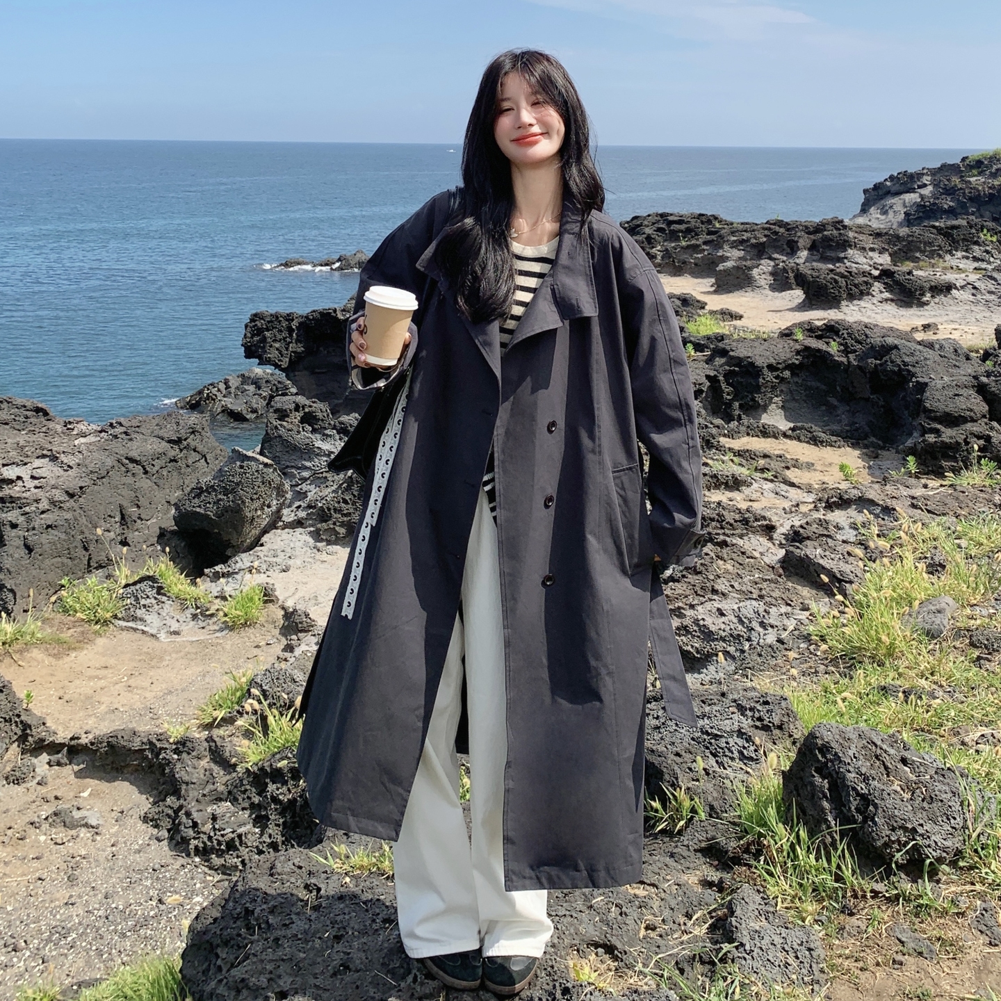 条纹披肩深灰色长款风衣外套女春秋2025新款巨好看英伦风超火大衣,女装风衣,2C307