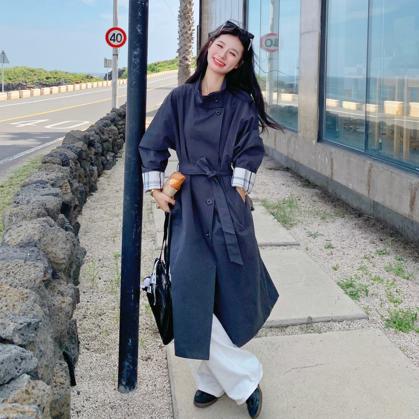 条纹披肩深灰色长款风衣外套女春秋2025新款巨好看英伦风超火大衣,女装风衣,2C307