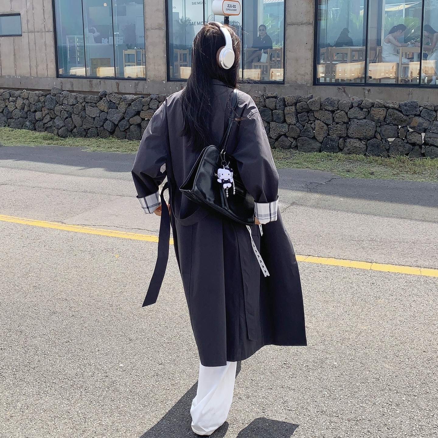 条纹披肩深灰色长款风衣外套女春秋2025新款巨好看英伦风超火大衣,女装风衣,2C307