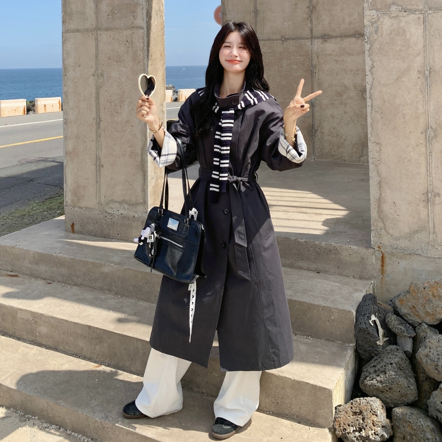 条纹披肩深灰色长款风衣外套女春秋2025新款巨好看英伦风超火大衣,女装风衣,2C307