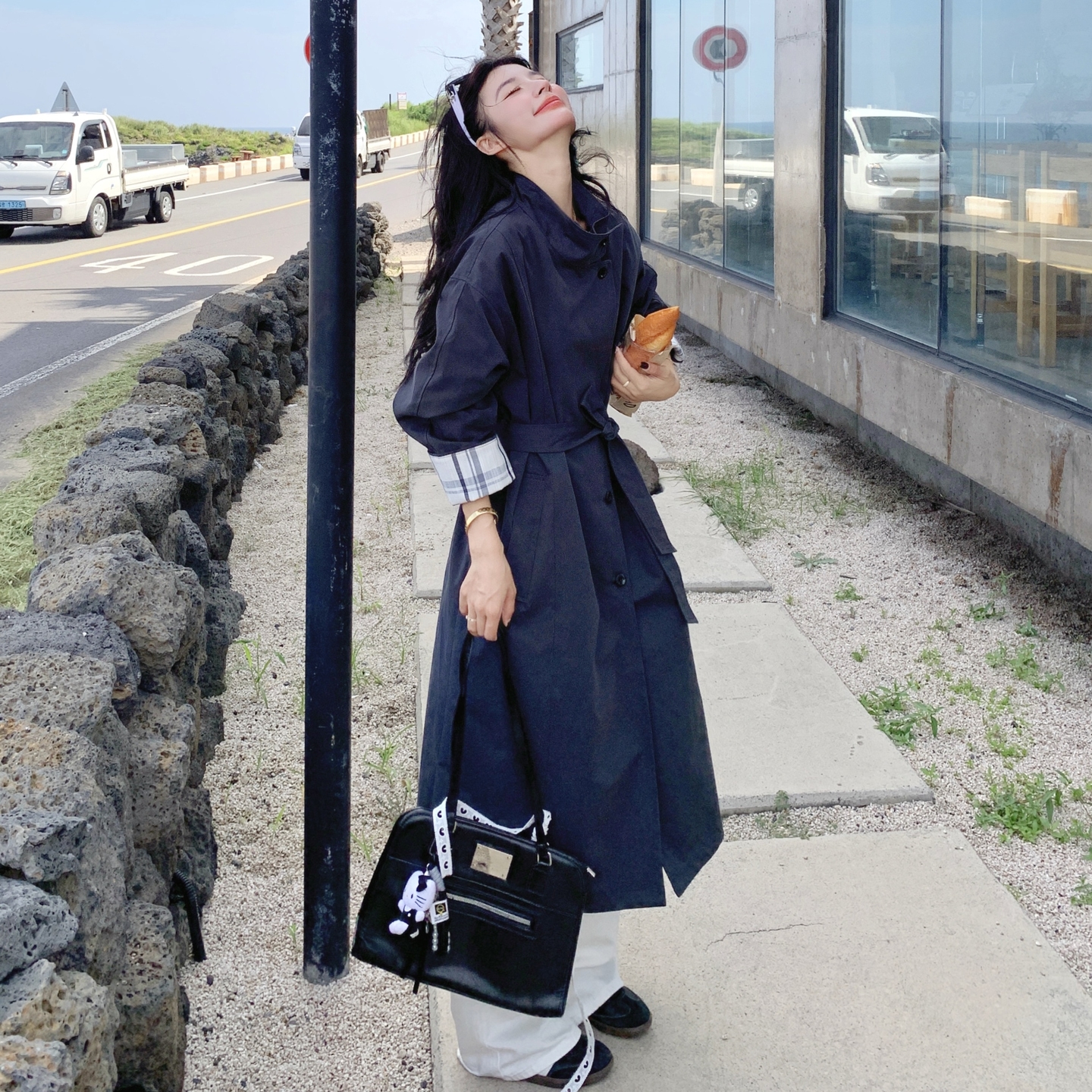 条纹披肩深灰色长款风衣外套女春秋2025新款巨好看英伦风超火大衣,女装风衣,2C307