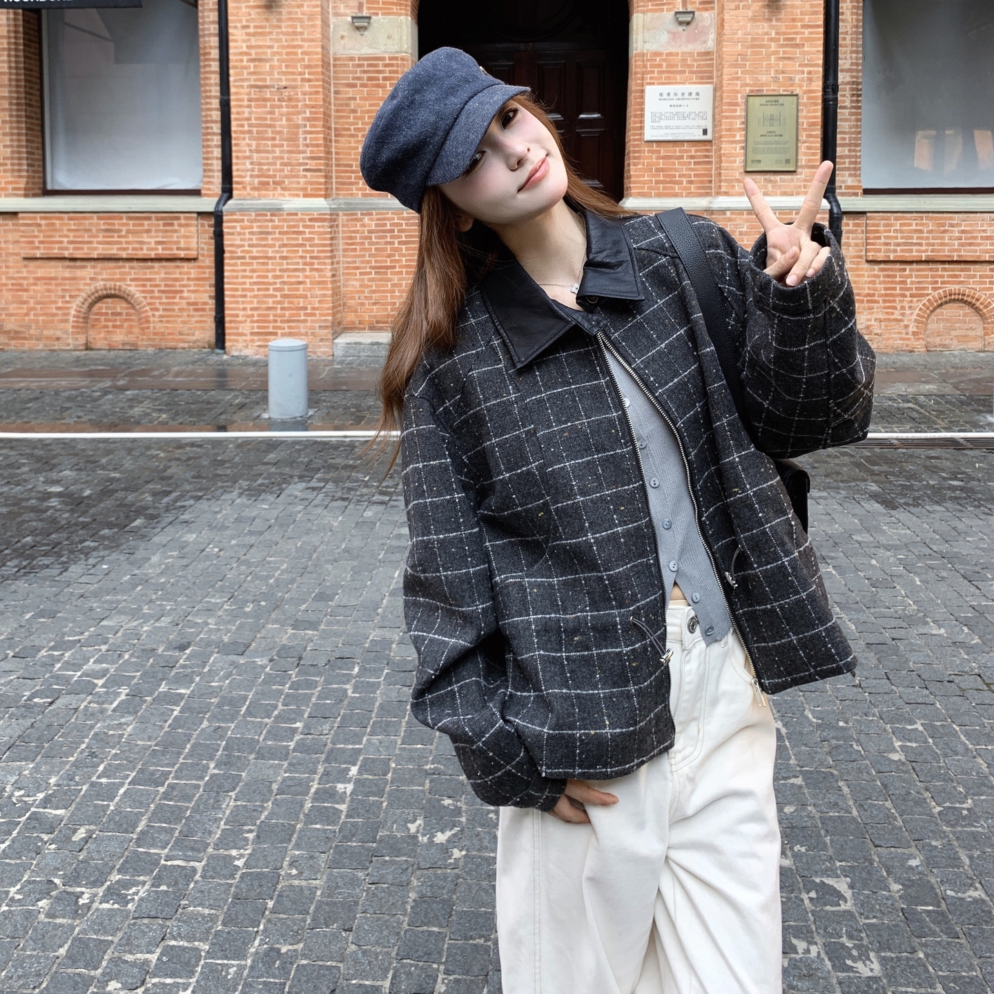 韩版格纹超好看夹克外套女2025年春秋季新款小众显瘦毛呢格子上衣,女装短外套,2C307