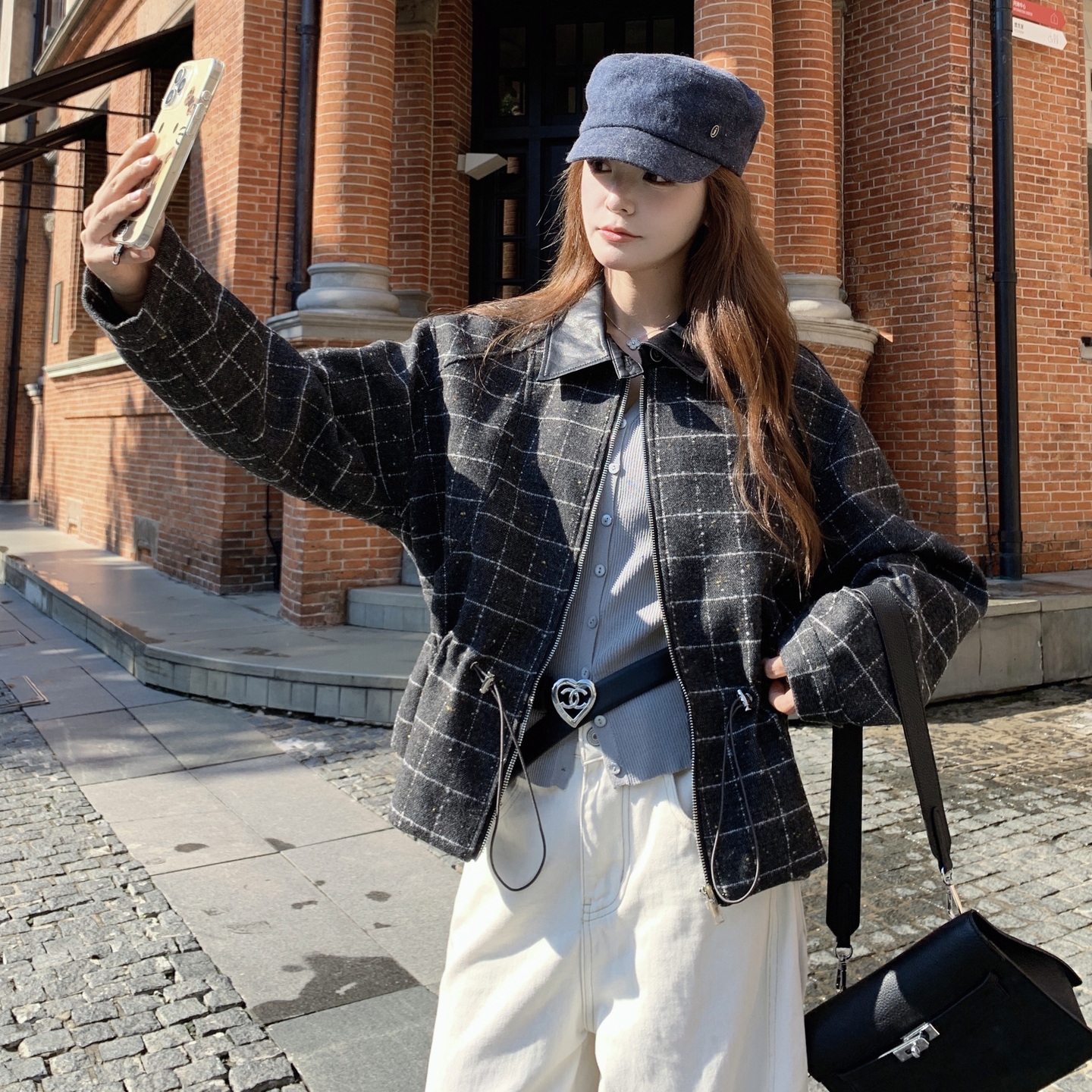 韩版格纹超好看夹克外套女2025年春秋季新款小众显瘦毛呢格子上衣,女装短外套,2C307