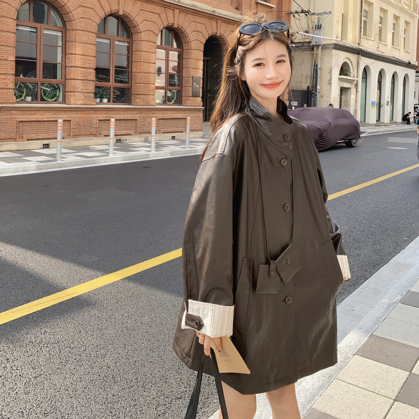 条纹撞色咖色皮衣外套女春秋2025新款设计感又酷又飒PU夹克巨好看,女装皮衣,2C307