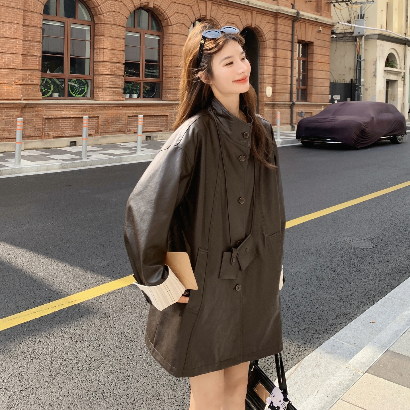 条纹撞色咖色皮衣外套女春秋2025新款设计感又酷又飒PU夹克巨好看,女装皮衣,2C307