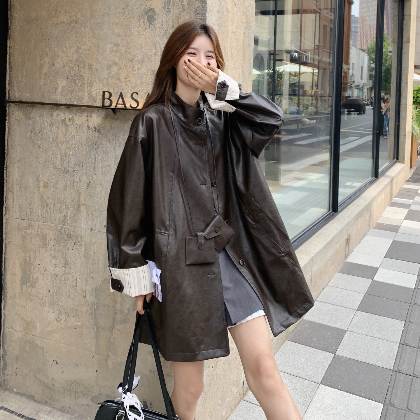 条纹撞色咖色皮衣外套女春秋2025新款设计感又酷又飒PU夹克巨好看,女装皮衣,2C307