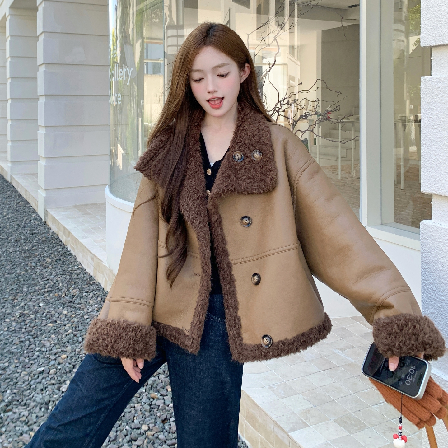 美式复古皮毛一体双面穿咖色外套女冬季2025新款小个子羊羔毛棉服,女装短外套,2C261